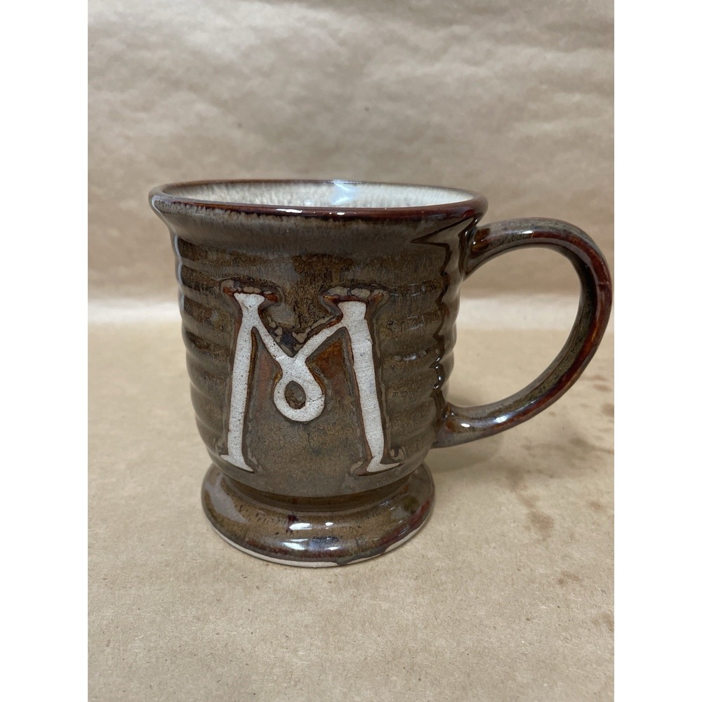 Home Essentials Stoneware Mug Initial "M" 5" Brown Drip Glaze Pedestal